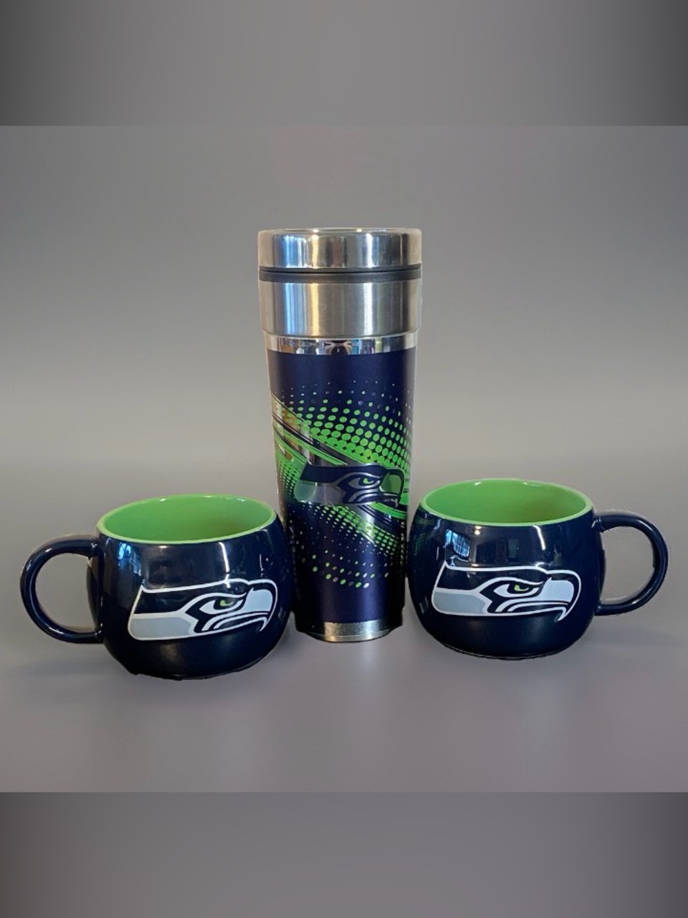 Seattle Seahawks Stainless Steel Travel Tumbler & Ceramic Mug 3 Pc Set